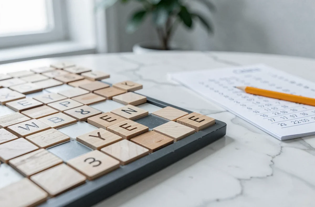 Gros plan macro sur les lettres YE posées sur un plateau de Scrabble avec feuille de score