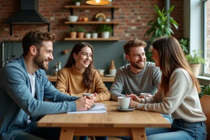 Groupe de quatre jeunes adultes discutant dans une cuisine moderne