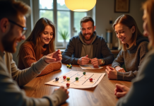 Groupe d'amis jouant au Yams autour d'une table chaleureuse