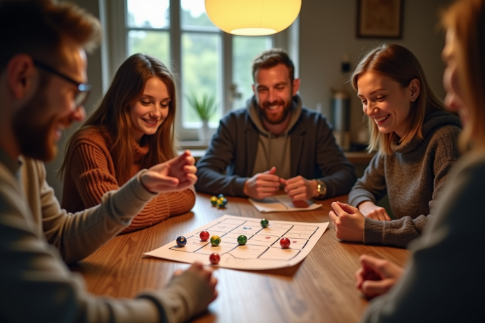 Groupe d'amis jouant au Yams autour d'une table chaleureuse