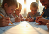 Groupe d'adultes et enfants jouant à un jeu de dessin et devinettes