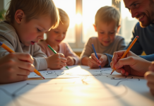 Groupe d'adultes et enfants jouant à un jeu de dessin et devinettes