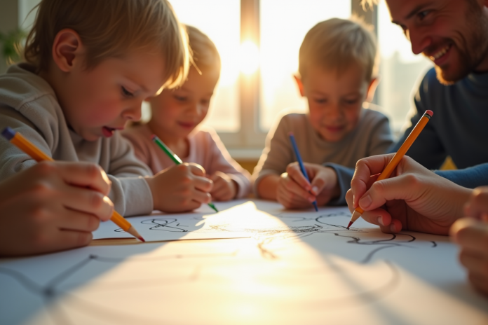 Groupe d'adultes et enfants jouant à un jeu de dessin et devinettes