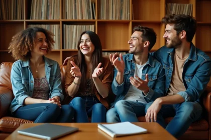 Quatre jeunes musiciens dans un studio chaleureux