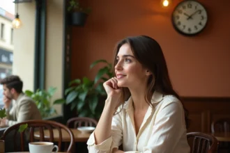 Femme contemplant une horloge indiquant 14h41 dans un café parisien, symbolisant le message des heures miroirs pour les flammes jumelles