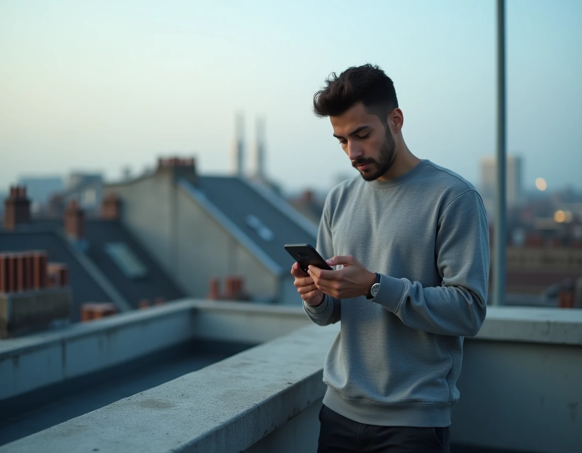 Jeune homme sur un toit urbain découvrant l'heure miroir 14h41 sur son téléphone, illustrant la prise de conscience spirituelle liée aux flammes jumelles