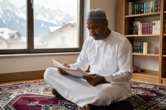Homme musulman consultant un calendrier islamique 2026 pour les heures de prière à Grenoble