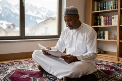 Homme musulman consultant un calendrier islamique 2026 pour les heures de prière à Grenoble