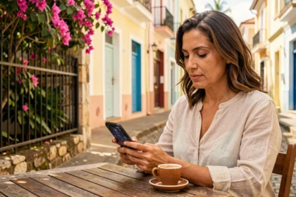 Femme consultant l'heure sur son smartphone à une terrasse de café à La Réunion, illustrant le décalage horaire