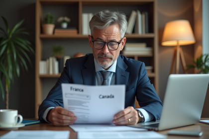 Homme d'affaires étudiant des documents fiscaux France et Canada