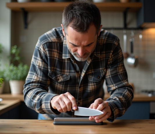 Entretien et affûtage de votre couteau Pradel pour une durabilité maximale Homme d'âge moyen affûtant un couteau de cuisine dans une cuisine chaleureuse