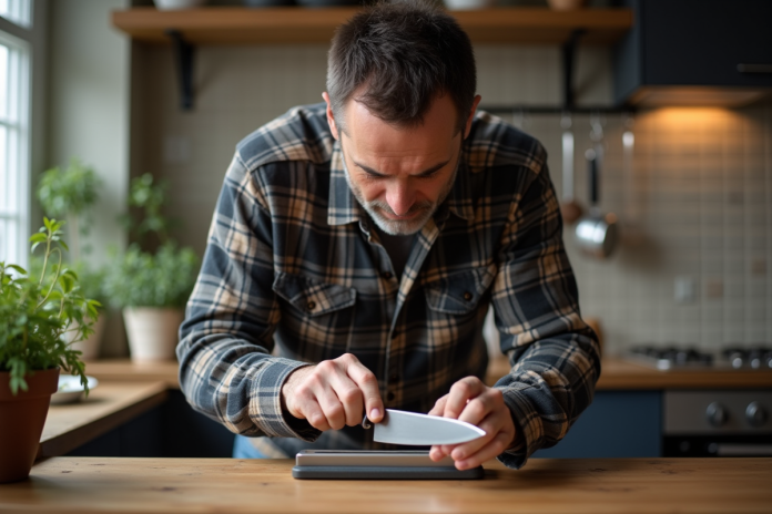 homme-affutage-couteau-cuisine Homme d'âge moyen affûtant un couteau de cuisine dans une cuisine chaleureuse