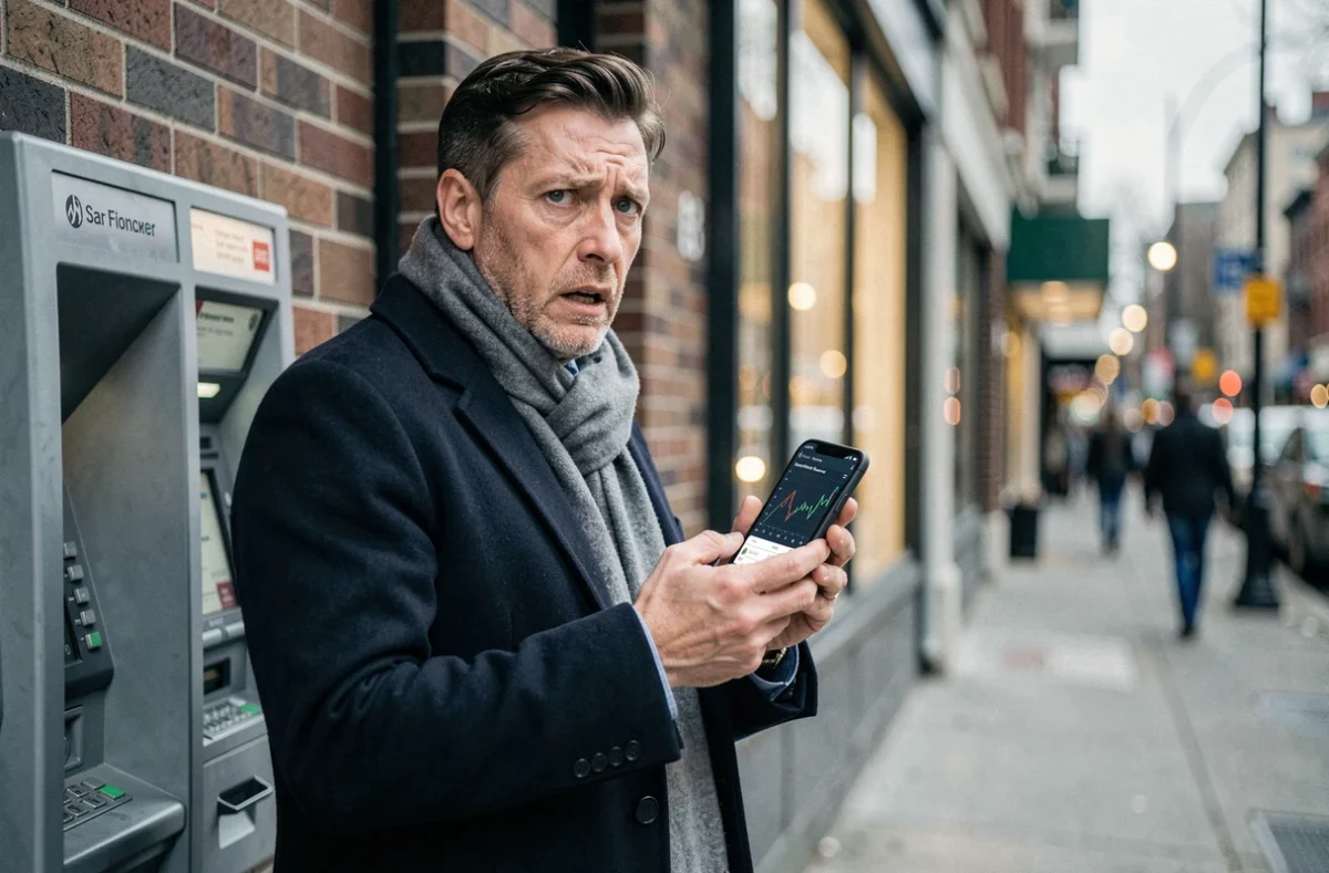 Homme alarmé découvrant une arnaque financière sur son téléphone devant un distributeur bancaire