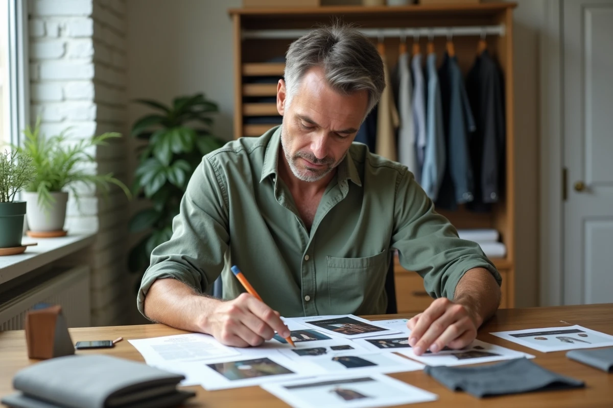 Homme réalisant un audit de style personnel avec un moodboard de tenues sur son bureau avant de renouveler sa garde-robe