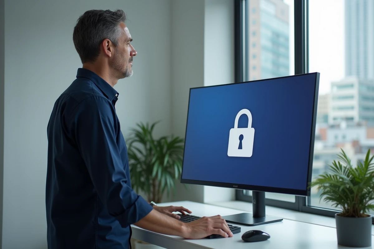 Homme debout consultant un portail de gestion des droits sur ses données personnelles depuis un bureau à domicile, illustrant l'utilisation d'Aipdb pour les particuliers