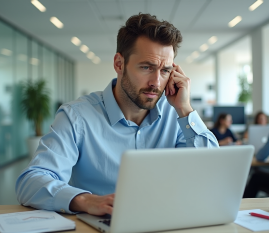 Messagerie de l’AC Créteil, erreurs fréquentes mentionnées par les utilisateurs et points de vigilance Homme d'affaires au bureau examinant un ordinateur portable