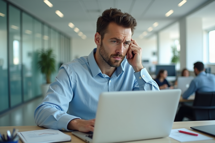 homme-bureau-informel Homme d'affaires au bureau examinant un ordinateur portable