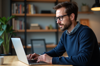 Homme concentré utilisant un ordinateur dans un bureau moderne