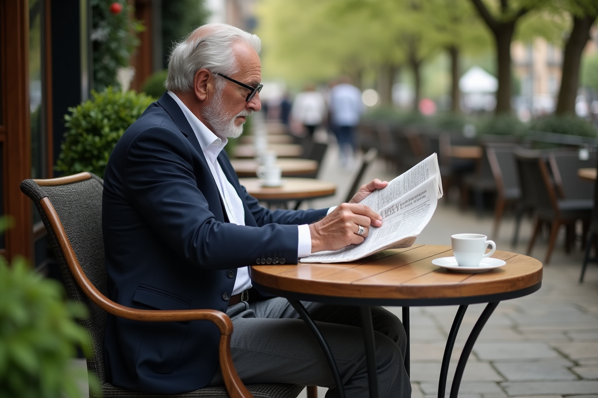 Homme âgé lisant au café en terrasse