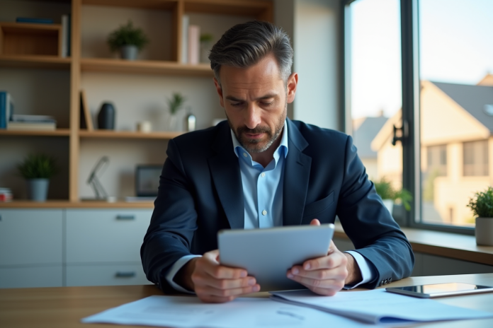 homme-contrat-mortgage Homme en costume bleu examine des documents de prêt immobilier