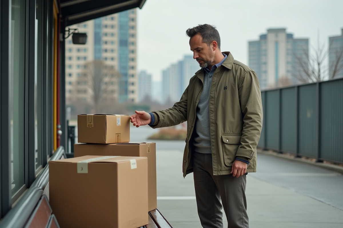 Homme vérifie des colis dans un environnement urbain