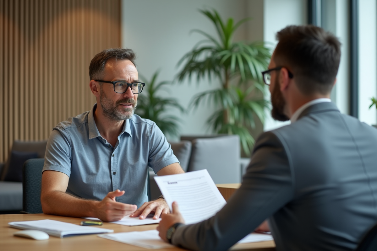 Homme en discussion avec un conseiller bancaire pour un pret
