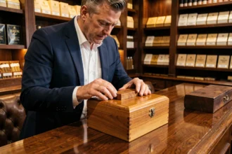 Homme élégant examinant une boîte de cigares en bois dans une boutique de tabac traditionnelle