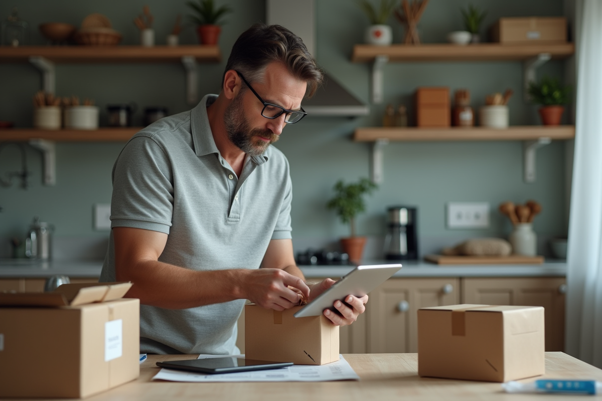 Homme scellant un colis dans une cuisine organisée