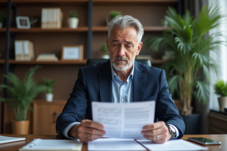 Homme d'affaires en costume bleu examine des documents financiers
