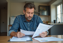 Homme d'âge moyen examinant des factures de rénovation