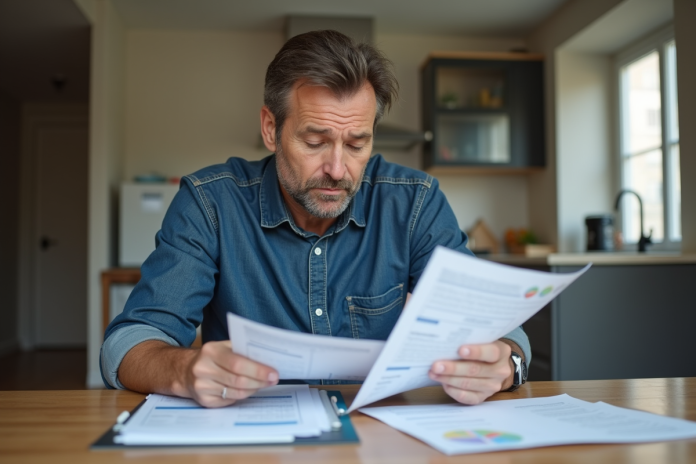 Homme d'âge moyen examinant des factures de rénovation