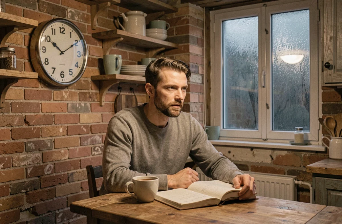 Homme contemplatif face à une horloge affichant 03h03 dans une cuisine calme, évoquant les questionnements de la flamme jumelle