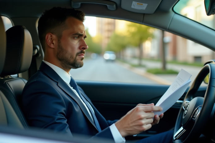 Homme inquiet dans sa voiture regarde une lettre
