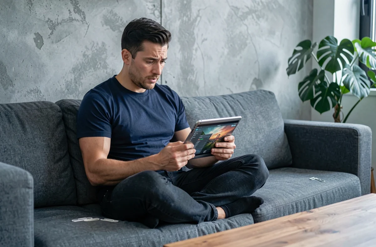 Homme concentré explorant le jeu Paper Clip sur une tablette dans un salon moderne, avec un trombone posé sur l'accoudoir du canapé
