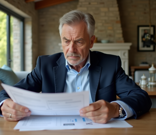 Taux d’imposition sur la vente d’une résidence secondaire : lois et conseils à connaître Homme d'âge moyen lisant des documents immobiliers dans un salon lumineux