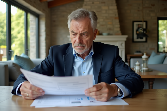 homme-lecture-immobilier Homme d'âge moyen lisant des documents immobiliers dans un salon lumineux