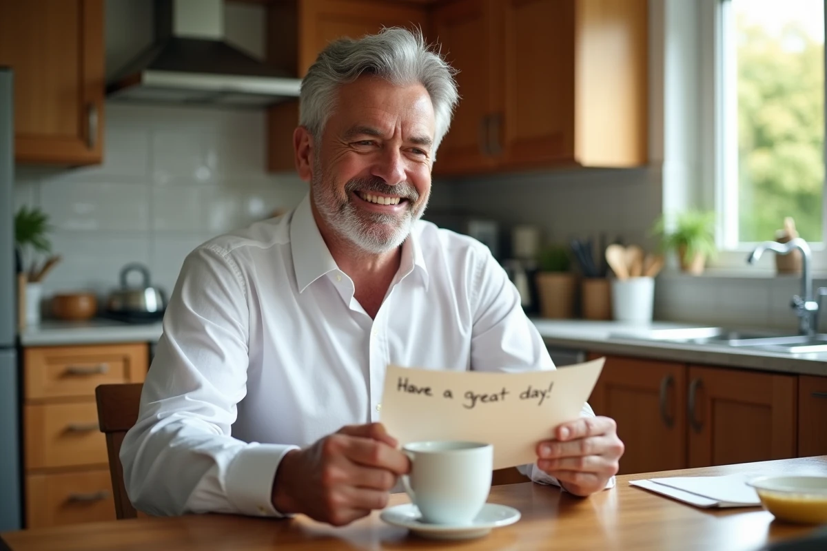 Homme lisant une note dans une cuisine lumineuse