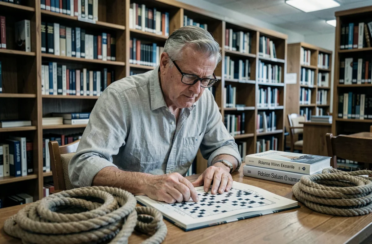 Homme âgé cherchant la solution d'un mot croisé sur le thème des cordages dans une bibliothèque avec des exemples de cordes posés sur le bureau