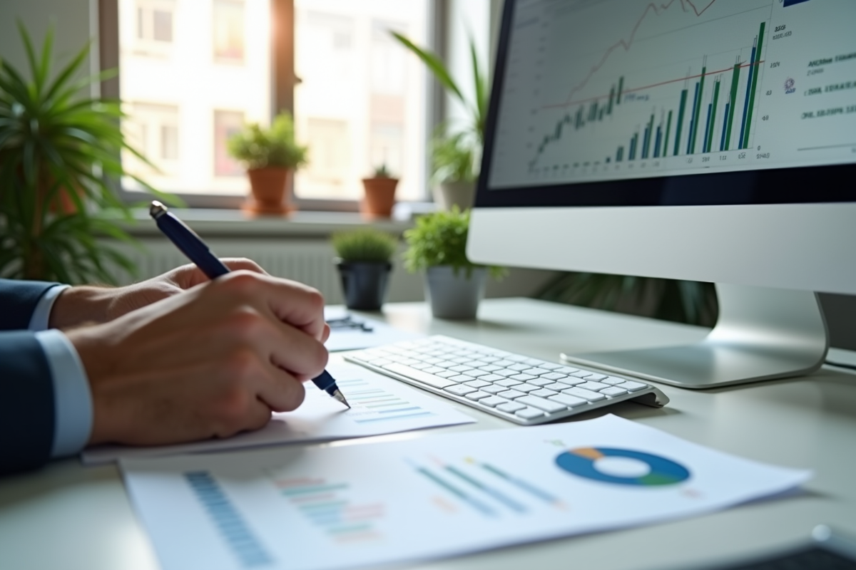 Homme prenant des notes sur des graphiques financiers dans un bureau lumineux