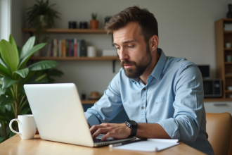 Homme concentré utilisant un ordinateur pour comparer prix immobiliers