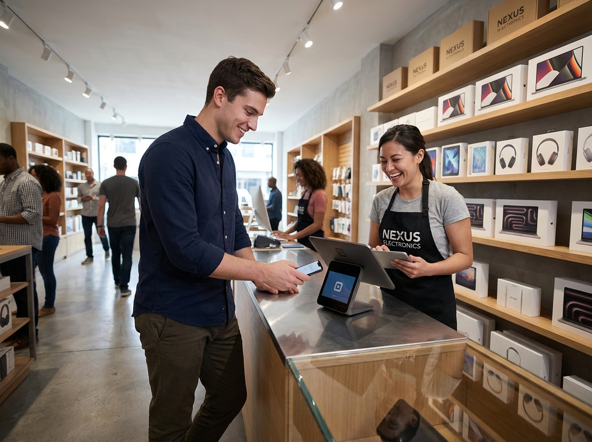 Homme effectuant un paiement au magasin d’électronique avec son smartphone