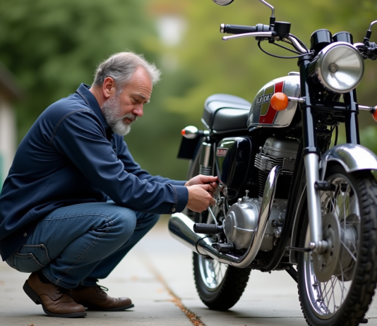 Entretien et maintenance du moteur Dax 125cc : conseils avisés Homme en chemise de travail vérifiant une moto Dax