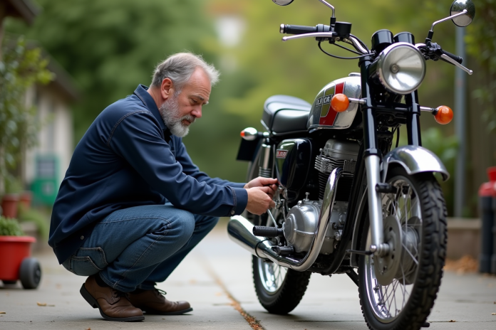 Homme en chemise de travail vérifiant une moto Dax
