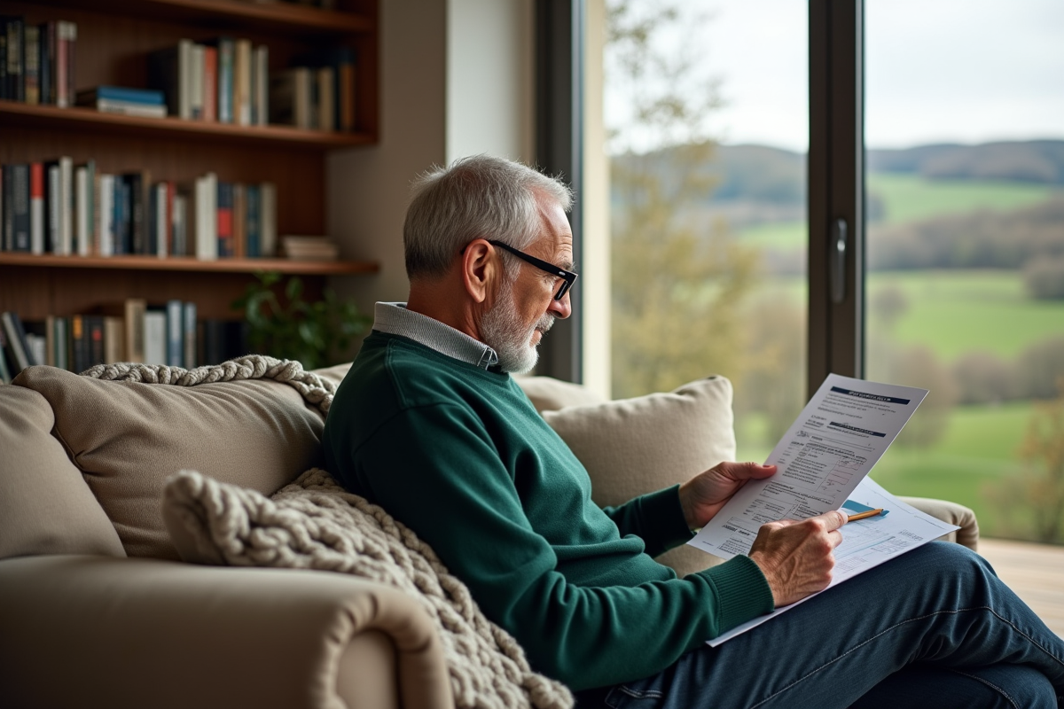 Homme retraité examinant papiers fiscaux dans le salon