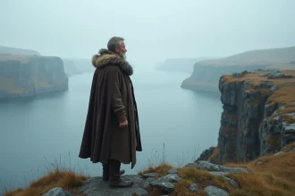 Homme scandinave en tunique sur une falaise face au fjord