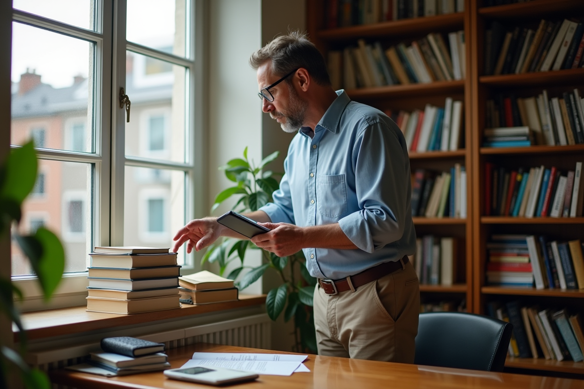 Homme choisissant un ereader dans un bureau lumineux