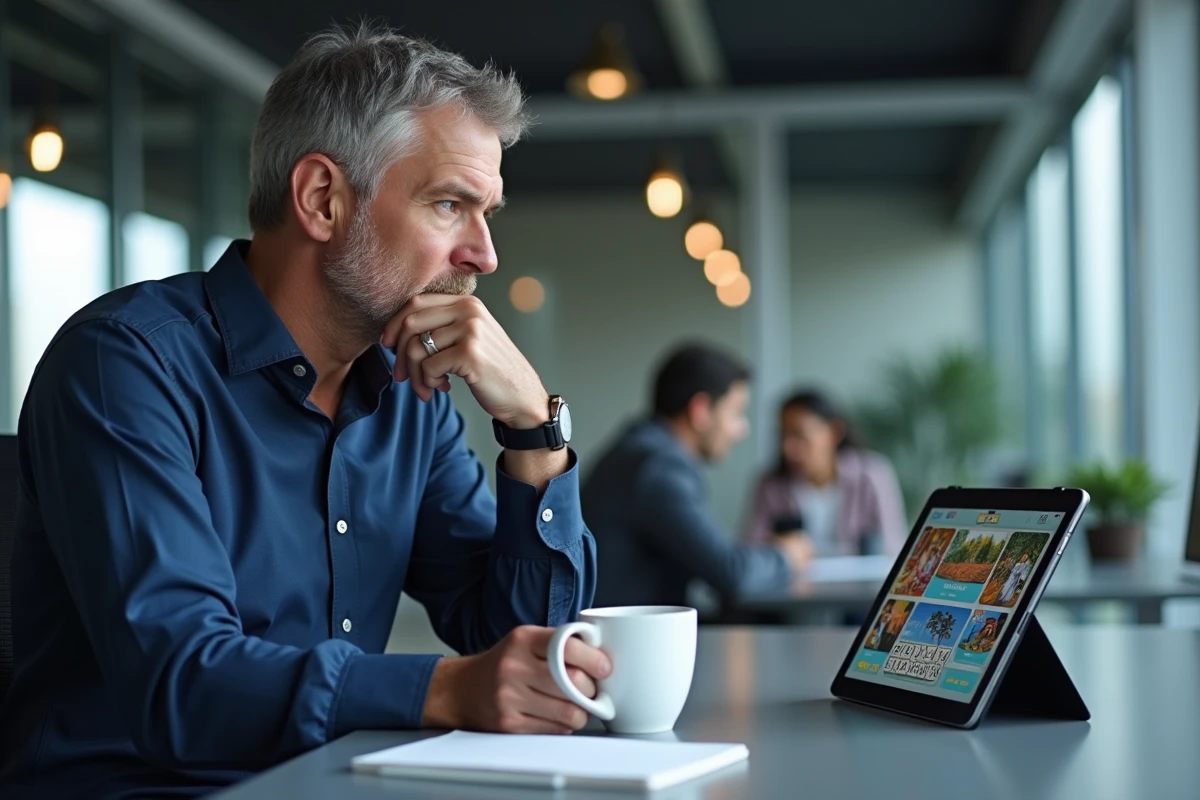 Homme consultant une solution de 9 lettres sur tablette pour le jeu 4 Images 1 Mot au bureau