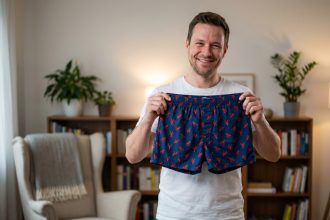 Homme souriant tenant des boxers à motifs dans un salon moderne