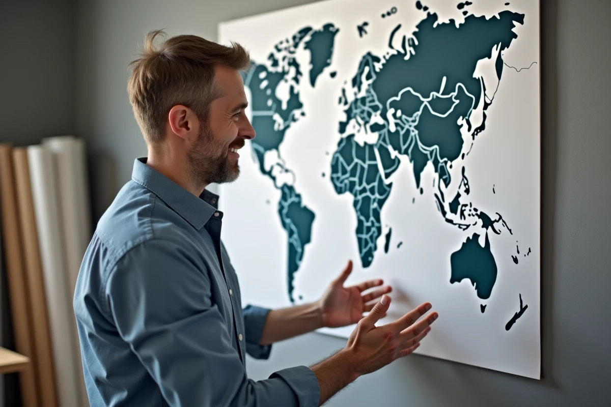 Homme dans un studio vérifiant une grande carte du monde imprimée