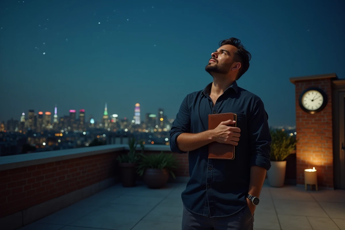 Homme sur une terrasse urbaine de nuit tenant un journal et contemplant le ciel étoilé près d'une horloge indiquant 23h23, représentant la quête de mission de vie